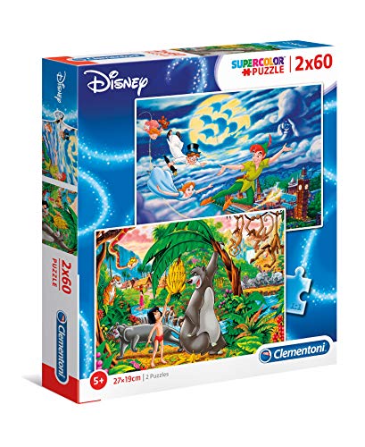 Clementoni- Disney Peter Pan + The Jungle Book 2 Puzzles, 60 Piezas, Multicolor (21613)
