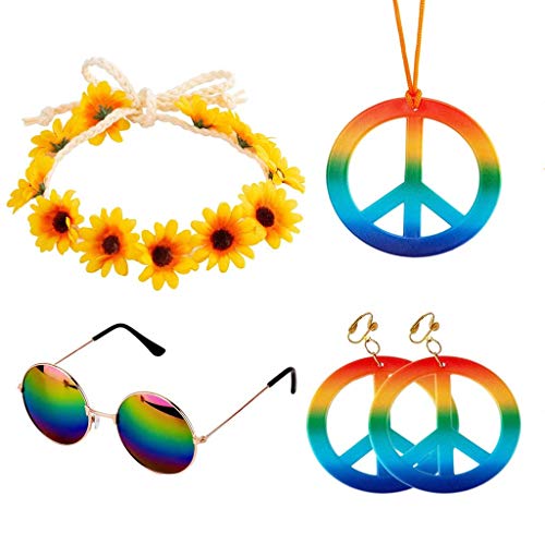 Complementos Hippie 5 piezas Conjunto de Disfraces de Hippie incluye Gafas de Sol Diadema Collar de Signo de Paz y Pendientes para Las Fiestas temáticas de los años 60 o 70