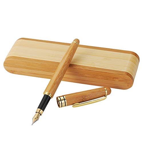 Conjunto de pluma de bambú original, Farsler Exquisito de bambú plumas de fuente de madera Fine Nib con funda de pluma plegable de bambú para la escritura y firma personalizada