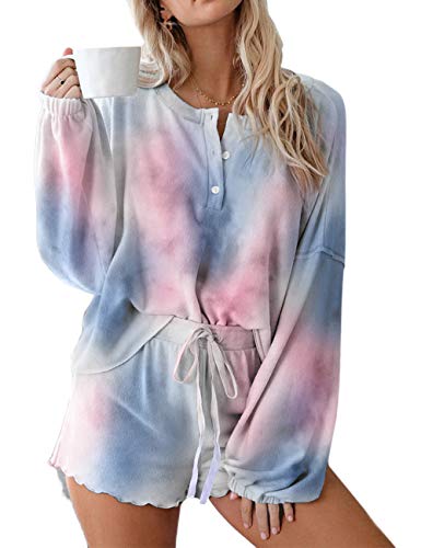 Conjuntos de Pijama con Estampado de Leopardo para Mujer Tie-Dye Casual Tops de Manga Larga + Shorts con Volantes (Navy Blue, M)