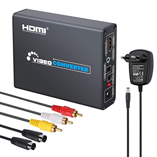 Convertidor AV S-Video a HDMI Conversor de Video 3RCA AV CVBS Compuesto S-Video R / L Audio a HDMI Compatible con 1080p 60khz con Cables de RCA S-Video para HDTV DVD VCR PS2 PS3 NES SNES N64