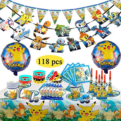 Decoración de la Fiesta de cumpleaños Infantil de Pokemon, Pokemon Pulsera de Silicona para la celebración de Fiestas para 10 Invitados (118 Piezas)