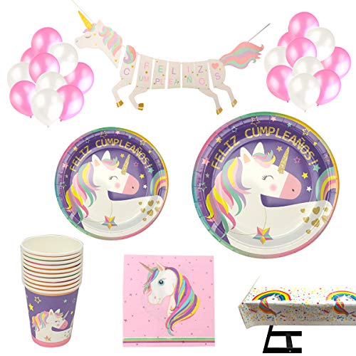 Decoraciones Unicornio y vajilla Rosa y Morado Unicorn Feliz Cumpleaños para niñas El Juego de 105 Piezas Incluye Platos, Vasos, Mantel, Servilletas,Guirnalda, Pajitas, y Globos para a 20 Personas
