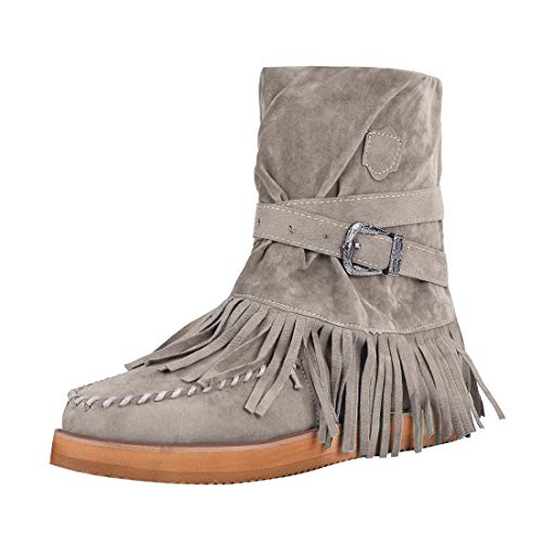 Dihope botas india para mujer, tacón plano, de plataforma, zapatos informales, modernos, con flecos, botines para la nieve e invierno marrón 38 EU