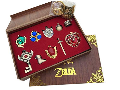 Dirgee 2015 Nuevo Zelda Twilight Princess y Trifuerza hyliano Escudo y el Anillo de Llave Maestra Espada Leyenda Serie/Collar/joyería en Caja de Madera (Rojo -10 Conjuntos) (Color : Red 10 Sets)