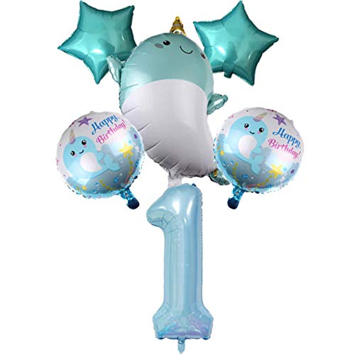 DIWULI, Juego de globos con forma de ballena, tamaño XXL, con número 1, color azul, de aluminio, para primer cumpleaños de niños y niñas, decoración, juego de globos, animales marinos