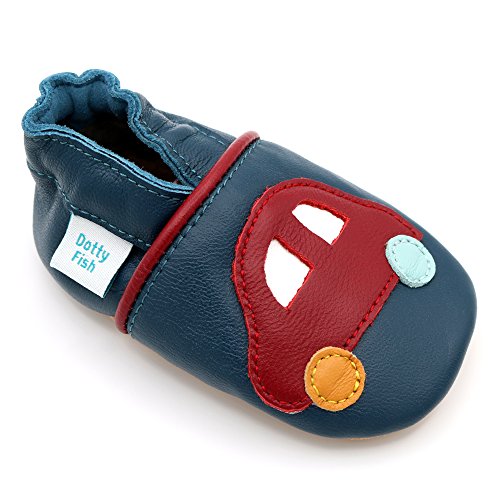 Dotty Fish Zapatos de Cuero Suave para bebés. Antideslizante. Coche Azul Marino y Rojo. 4-5 Años (28 EU)