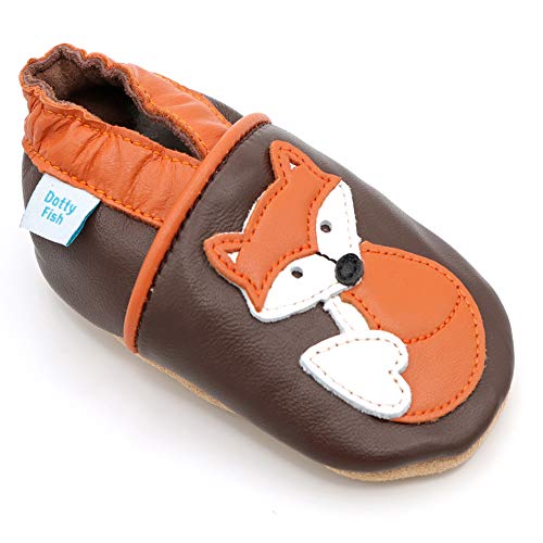 Dotty Fish Zapatos de Cuero Suave para bebés. Antideslizante. Zorro marrón y Naranja. 6-12 Meses (19 EU)