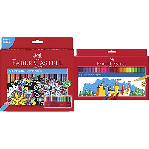 Faber-Castell 111260 - Estuche-soporte de cartón con 60 lápices de, multicolor + 554250 - Estuche 50 rotuladores con punta de fibra, multicolor