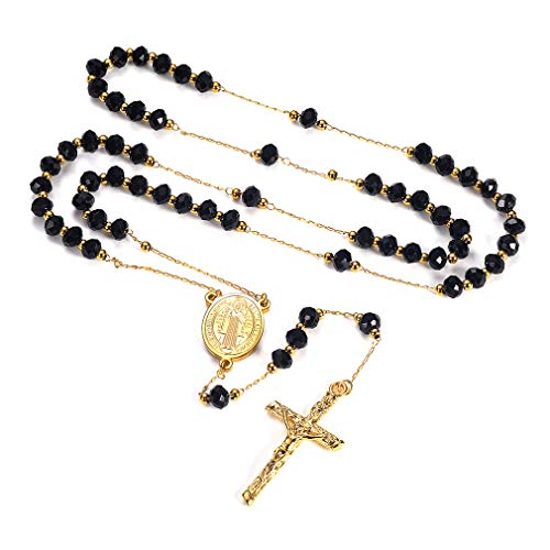 FaithHeart Joyería Negra con Medallón Clásico de San Benedicto y Cruz Jesús Collar Rosario de Acero Inoxidable para Hombre y Mujer