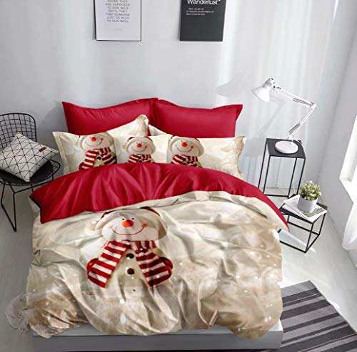 FEBE Ropa de cama 3D muñeco de nieve navideño funda nórdica 200 x 200 + 80 x 80 invierno doble cara rojo blanco con cierre