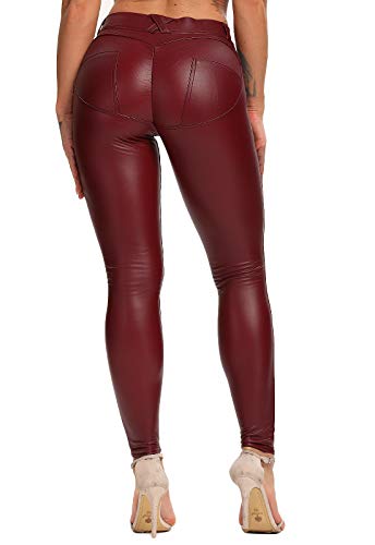 FITTOO PU Leggings Cuero Imitación Pantalón Elásticos Cintura Alta Push Up para Mujer #1 Bolsillo Falso Poca Terciopelo Rojo S