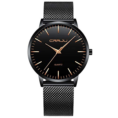 FIZILI - Reloj de pulsera para hombre, color negro, ultra delgado, minimalista, a la moda, resistente al agua, para hombres, niños, negocios, caballeros, vestido de lujo, casual, reloj de cuarzo para