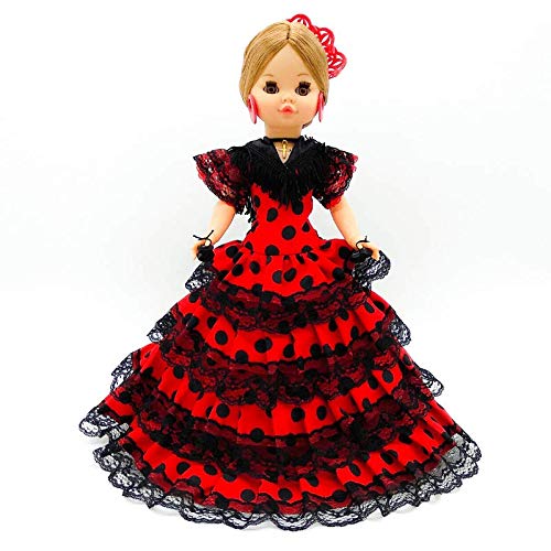 Folk Artesanía Muñeca Sintra 42 cm Similar Nancy Famosa Vestido típico Andaluza con peineta (Negro Lunar Rojo)