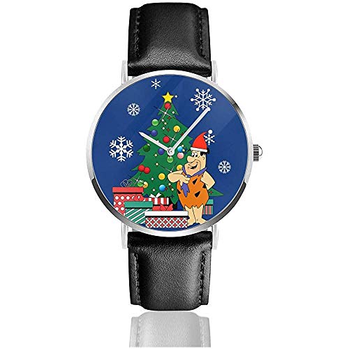 Fred Flintstone Around The Christmas Tree Relojes Reloj de Cuero de Cuarzo con Correa de Cuero Negro para Regalo de colección