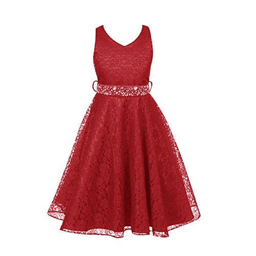 Free Fisher - Niñas Vestidos de Princesa Boda Fiesta Vestidos Elegantes Brillantes de Encaje Floreado, Rojo Oscuro 9 años(Tamaño fabricante: 8)