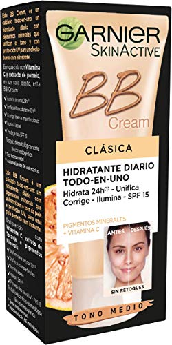 Garnier Skin Active BB Cream - Crema Hidratante con Color y Vitamina C y Protección Solar SPF 15 Hidrata y Unifica el tono, Color: Tono Medio - 50 ml