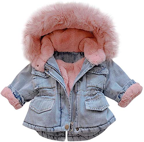 Girls Outfits&Set Baby Girl Winter Clothes Warm Coat Toddler Lining Thicken Denim Jacket Outwear with Faux Fur Hood,Pink,Recommeded Age,1-2 Years