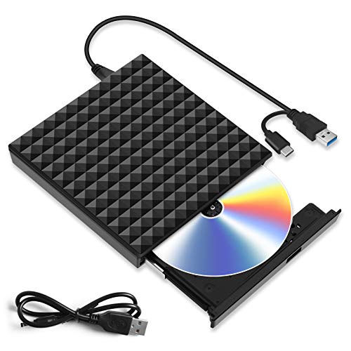 Grabadora CD DVD Externa, Lector Unidades de Discos Externos USB 3.0 Tipo C, Ultra Slim Disquetera CD Player Rewriter para Ordenador Portátil, Computadora, PC Compatible con Win10/8/7/ Linux/Mac OS