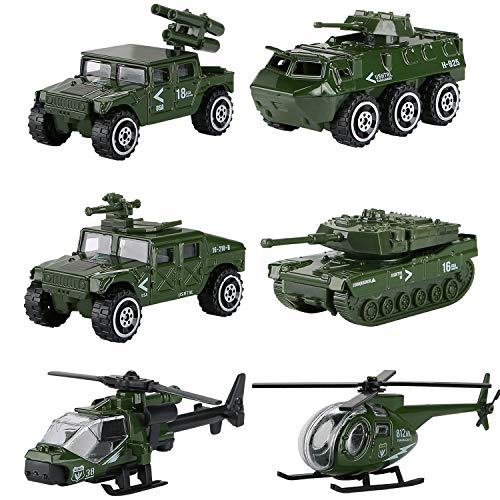 Hautton 6 Transporte de Juguete Fundidos, Mini Modelo Aleación Vehicular Camioneta Camión Tanque Helicóptero Militar para Niños Chicos -Ejército