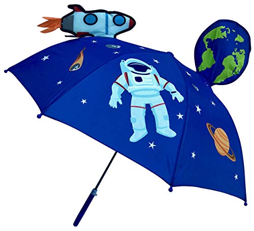 HECKBO Paraguas 3D niños con Astronauta Espacial | con un Cohete, la Tierra, los Planetas, y un satélite con ventanillas | Sombrilla para niños y niñas | Paraguas para niños en Edad Escolar
