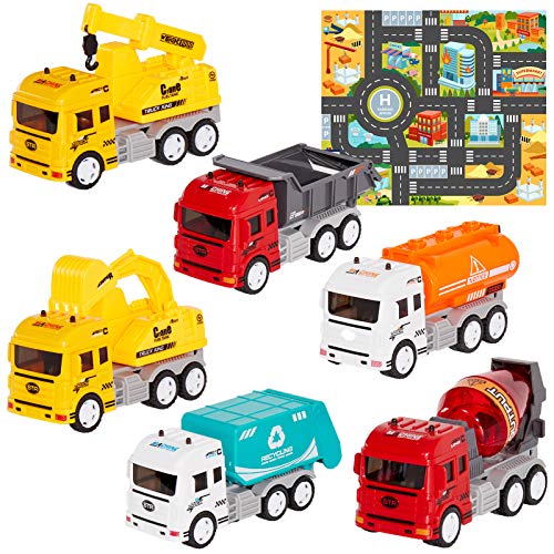HERSITY 6 Piezas Camiones de Construcción con Tapete de Juego y Camiones de Basura y Excavadora Volquete Grúa Juguete Educativo Regalos para Niños 1:32