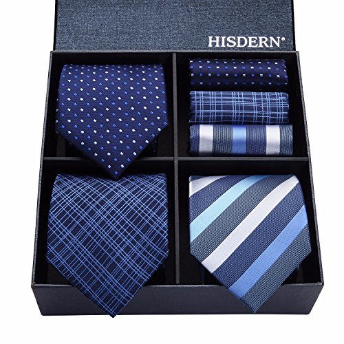 HISDERN Lote 3 PCS Set de corbata para hombre Banquete de boda de negocios clasico Lunares Compruebe raya de color solido Corbata y bolsillo cuadrado - Conjuntos multiples