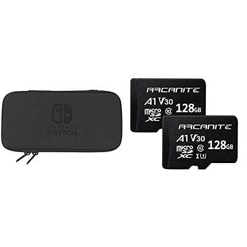 Hori, Funda Rígida Negra (Nintendo Switch Lite) + ARCANITE, pack de 2 tarjetas memoria microSDXC 128 GB, UHS-I U3, A1, V30, 4K, Clase 10, MicroSD - AK2PV30A1128