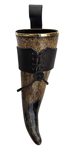 Hornerey T05Gold Borde Dorado – Original Trinkhorn Vikingo 0,5 l con cinturón de Piel, auténtica Medieval, Cuerno de Bebida, methorn, Larp, Beber