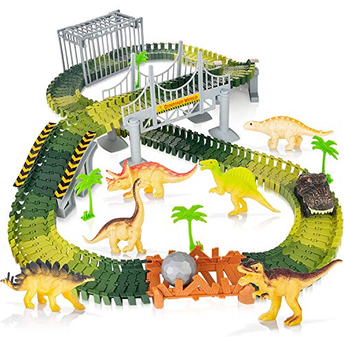 Juego de 144 pistas de carreras de dinosaurios para niños con 2 dinosaurios, 2, 1 vehículos militares, 4 árboles, 2 pendientes, 1 puerta doble, 1 puente colgante para niños de 2 3 4 5 años (verde)