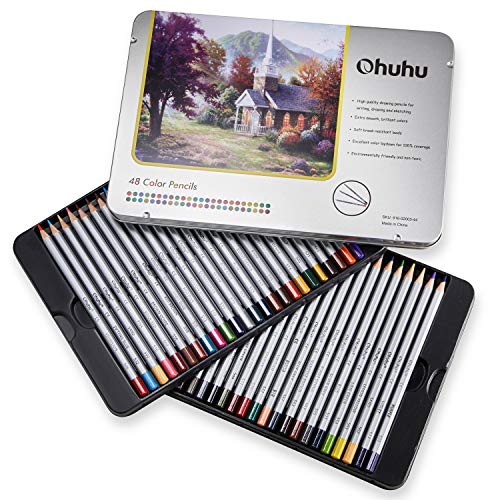 Juego de 48 lápices de colores, numerados, con caja de metal - Lápices de colores Ohuhu para libros de colorear - Lápices de colores para adultos y para niños, regalo ideal para artistas