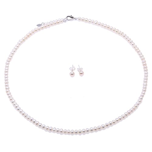 JYX Conjunto de joyas de perlas Tamaño pequeño 4.5-5.5mm Collar de perlas blancas y conjunto de aretes para mujer