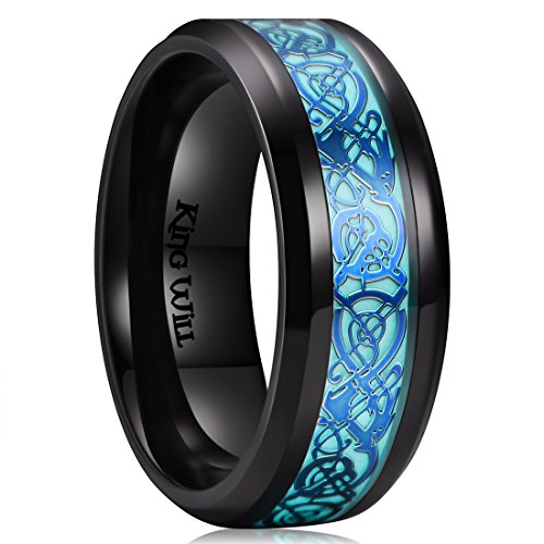 King Will - Alianza Aurora unisex de titanio negro brillante, diseño de dragón celta azul luminoso, 8 mm
