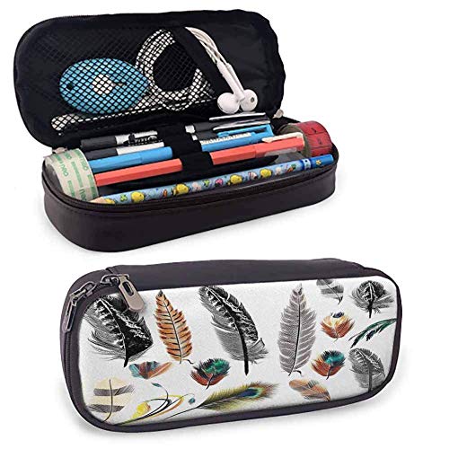 KLKLK Estuche Bohemian Small Pencil Bag Set of Detailed Big and Small Several Bird Feathers in Vibrant Colors Boho Design Protective Stationery Multicolor
