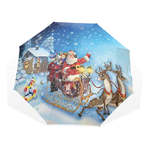LASINSU Paraguas Resistente a la Intemperie,protección UV,Christmassanta en Trineo con Renos y Juguetes Snowy North Pole Tale Fantasy Image Decorativenav