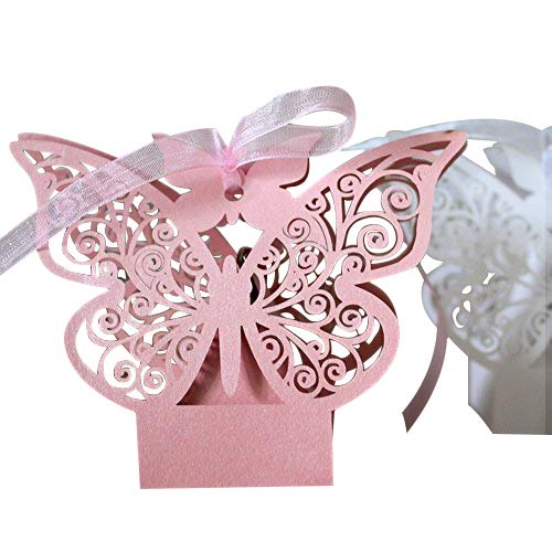 Lavinaya - Caja de recuerdo de boda o celebración para caramelos u otras cosas con mariposa, de encaje, 50 unidades