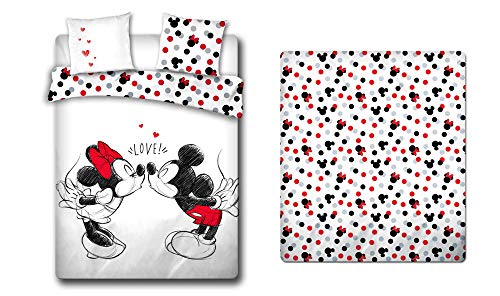 LesAccessoires Mickey & Minnie - Juego de cama (funda nórdica de 200 x 200 cm + 2 fundas de almohada + sábana bajera de 140 x 200 cm, 100% algodón)