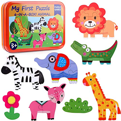 Lewo 6 en 1 Puzzle de Madera Rompecabezas de Animales My First Puzzle Juguetes Educativos para Bebes Niños Niñas Juguetes Niños 2 3 4 Años