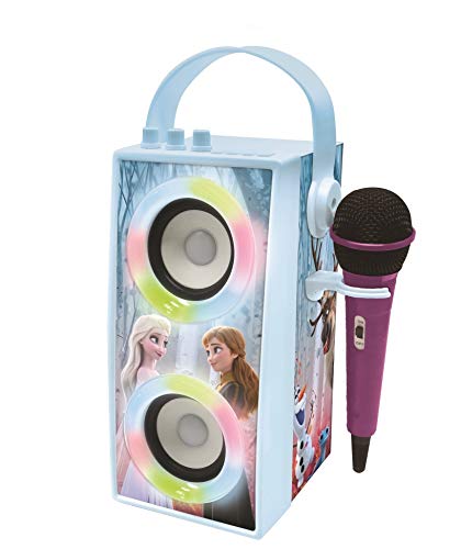 LEXIBOOK- Disney Frozen-Altavoz portátil Bluetooth micrófono, Efectos de luz, Karaoke, inalámbrico, USB, Tarjeta SD, batería Recargable, Azul