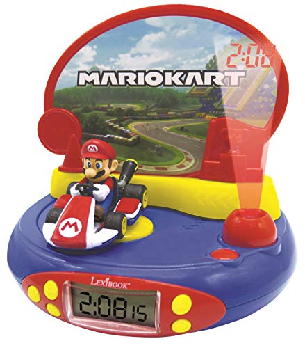 LEXIBOOK- Reloj Despertador con Proyector de Mario Kart Nintendo-con Luz Nocturna y Proyección de Tiempo en el Techo, Efectos de Sonido, Niñas, Azul/Rojo