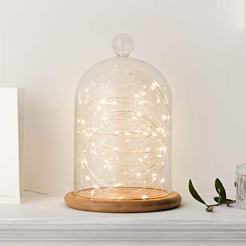 Lights4fun Campana de Cristal Alta 21cm con Base de Bambú y Micro LED de Luz Blanca Cálida