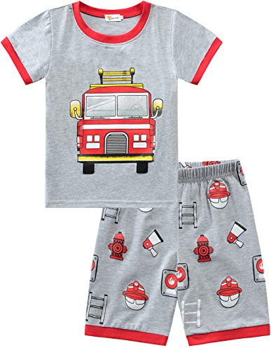 Little Hand - Pijama de Dos Piezas para niños, diseño de Dinosaurios y Excavadora, algodón Corto, 92 98 104 110 116 122 Coche de Bomberos 98 cm (Talla de Fabricante: 100)