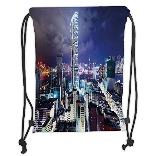 LULUZXOA Gym Bag Printed Drawstring Sack Backpacks Bags,City,Downtown in Hong Kong Urban View at Night High Rise Buildings Modern Business District,