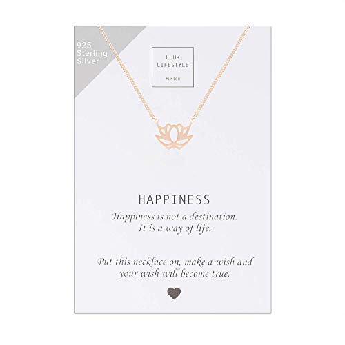 LUUK LIFESTYLE Collar de plata de ley 925 con colgante de flor de loto y cita Happiness, joya de mujer, tarjeta de regalo, amuleto, rosa