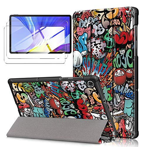 LYZXMY Funda para Lenovo Tab M10 HD (2nd Gen) 10.1" TB-X306F / TB-X306X + [2 Piezas] Vidrio Templado - Carcasa Silicona Tablet Cover con Soporte Función Caso PU Flip Case - Graffiti