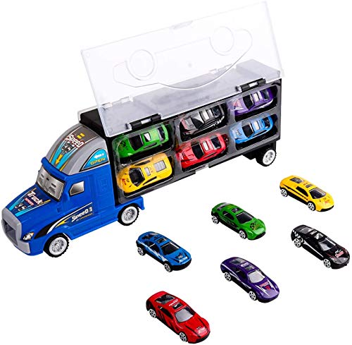 m zimoon Camión de Transporte, Transportador de Automóviles Juguete Conjunto Playset con 12 Mini Coches de Metal Coloridos para Niños y Niñas
