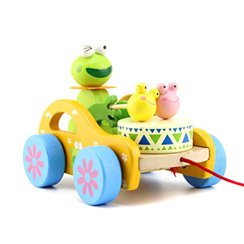 Makasy Cute Rabbit/Frog Drum Toy Juguete para Tirar de Madera, Coche con Rueda Juguete para Empujar y Tirar Juguete para Mover Animales en Movimiento Desde 1 año para bebés