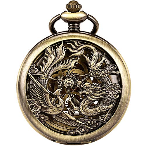 ManChDa Antiguo Negro Hunter Números Romanos Dragon y Phoenix/Reno Patrón Hueco Mecánico Reloj de Bolsillo + Caja de Regalo