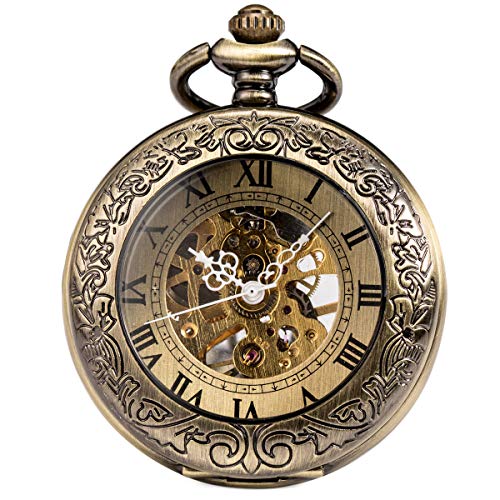 manchda® Retro reloj de bolsillo para los hombres las mujeres especial lupa mitad Hunter elegante grabado caso Steampunk esqueleto mecánico movimiento con cadena + caja de regalo