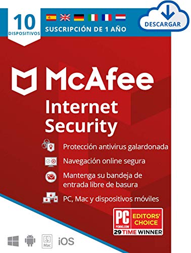 McAfee Internet Security 2021, 10 Dispositivos, 1 Año, Software Antivirus, Manager de Contraseñas, Seguridad Móvil, PC/Mac/Android/iOS, Edición Europea, Código de activación enviado por email